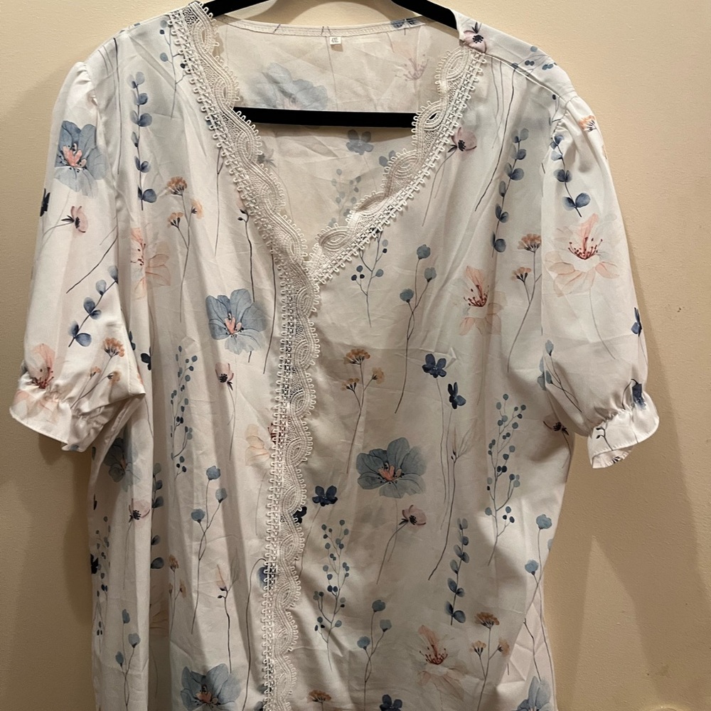 Floral Lace Trim Blouse - White and Blue